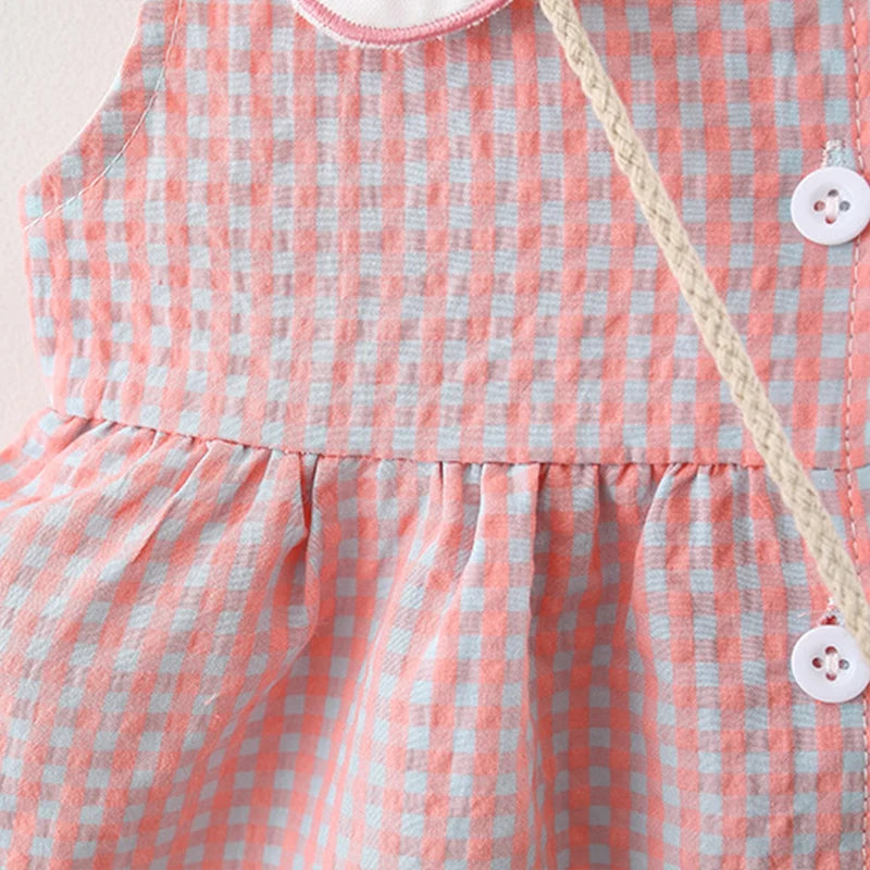 2Pcs/Set Toddler Girl Plaid Dresses Love Lapel Sleeveless Cotton Baby Children Clothes Summer Kids Costume 0 To 3 Years + Bag