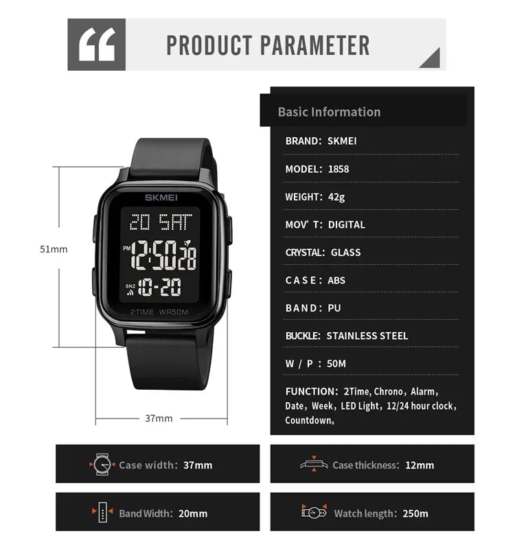 SKMEI 1858 Sports Watch for Men Waterproof Countdown Electronic LED Display Digital Wristwatches Mens Clock Reloj Hombre 1859