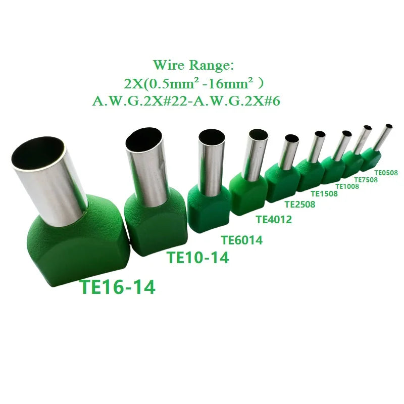 100PCS 2x(0.5mm²~16mm²) Dual Wires Copper Insulated Ferrules Cord End Crimp Terminal Electrical Cable Lug TE2508 AWG 2X(#22-#6)