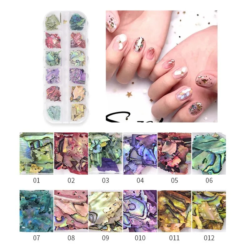 12Designs/Box 3D Abalone Shell Irregular Fragment Texture Natural Sea Shell Gel Flakes Slider Shimmer Pearl Nail Art Decorations