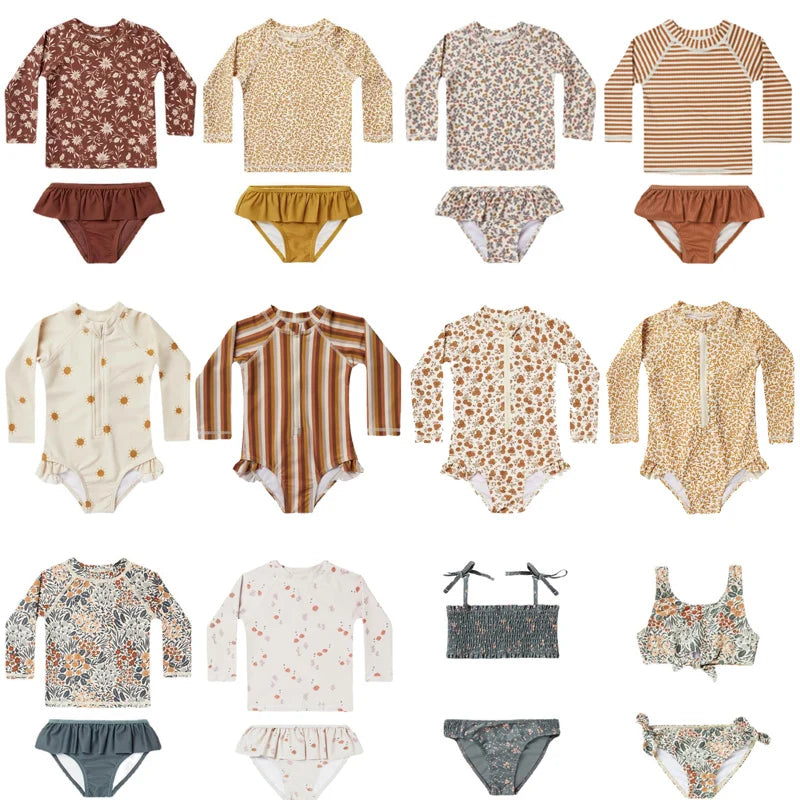 RC Baby Girls Swimwears 1-12y Kids Long Sleeve Sunscreen Floral Toddler Swimming Swimsuit Striped Bikini Suits 2022 Hot Clothes