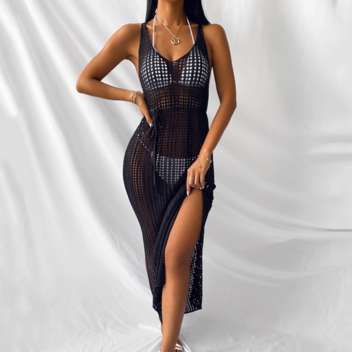 Women Sexy Party Night Backless V Neck Split Long Dress Sheer Mesh Long Dress Suit Cover up Summer Solid Mesh Beach Womens Dress
