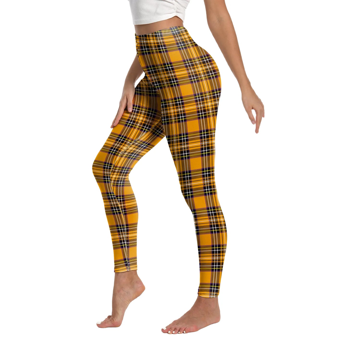 Zawaland Women Pants Yellow Tartan 3D Printing Leggings Halloween Stripe Trousers Female Elastic Tights Mid Waist Long Pants