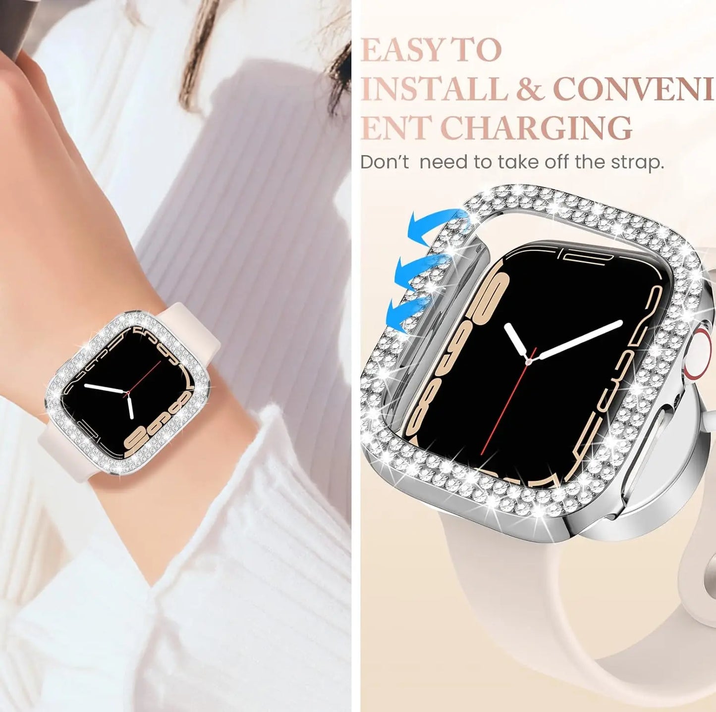 Bling Case for Apple Watch Series 9 8 7 6 5 4 3 2 1 SE(No Screen), Women Glitter Rhinestone Protector Frame.