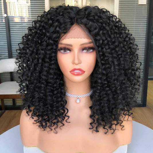 Short Bob Wig Lace Front Wigs for Women Afro Kinky Curly Wigs Ombre Brown Synthetic Middle Nature Hair Black Headgear with Clips