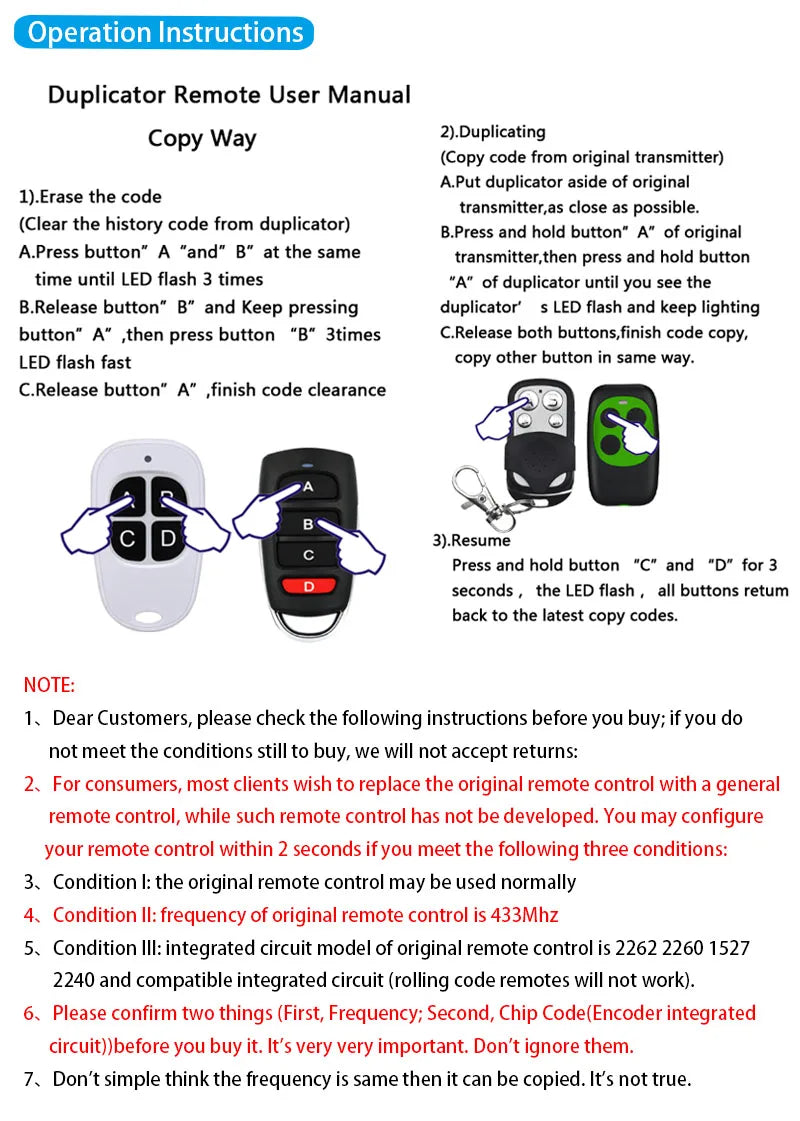 433MHz RF copy and copy remote control clone function transmitter garage door electric key access gate CAME remote control autom