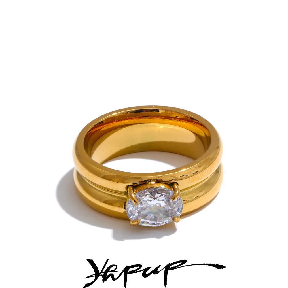 Yhpup 678# Exquisite Stainless Steel Shiny Zirconia Fashion Metal Ring 18K Gold Color PVD Plated High Quality Versatile Jewelry