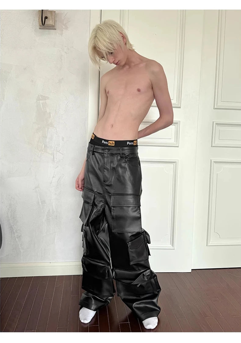 Mauroicardi Autumn Cool Black Pu Leather Straight Cargo Pants for Men Many Three-dimensional Pockets Luxury Designer Clothes