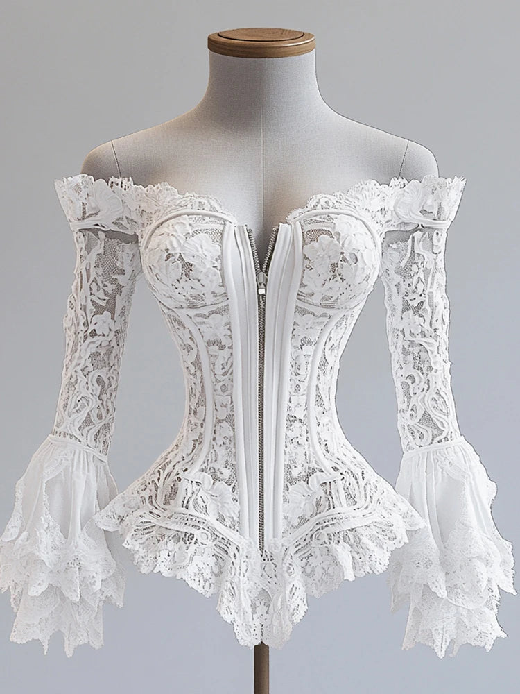 Off Shoulder Lace Blouse for Women Flare Sleeve Zipper Fly Solid Elegant Chic Sexy Hollow Out Long Sleeve Tops Irregular Hem Top