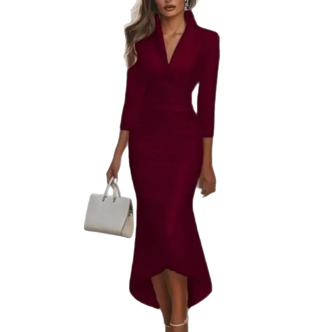 Elegant Satin European Style Dress for Women Sexy V-neck Solid Three-quarter Sleeves Slim Asymmetric Hem Midi Dresses Autumn