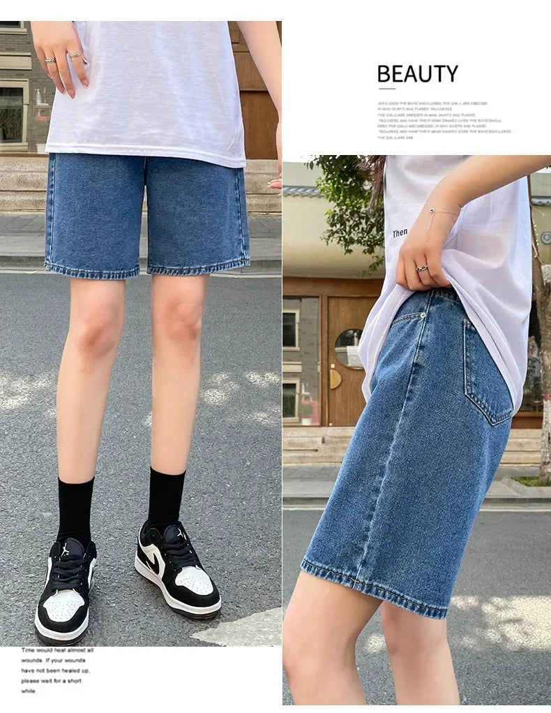 Korean Style Classic Denim Shorts Women Summer Blue High Waisted Shorts Wide Leg Pants Streetwear Stright Jeans Womens Shorts