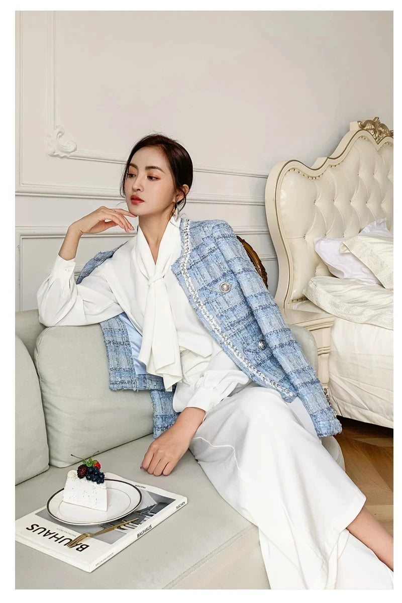 Women' Small fragrance Temperament plaid Coat 2024 Autumn New lady style long-sleeved tassel tweed coat high-end Ladies Jacket