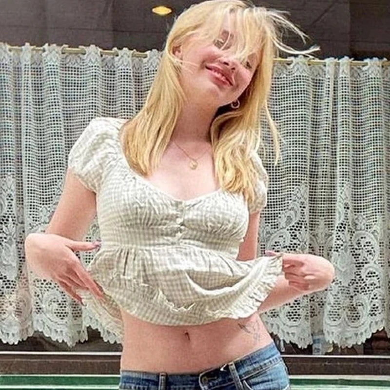 Xingqing Ruffle Top Buttons y2k Kawaii Women Crop Tops Cute E-girl Short Sleeve Tshirt Sweet Fairy Core Clothes Summer 2024 Vest