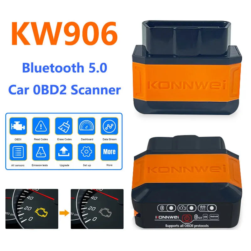 Konnwei Bluetooth 5.0 ELM327 V1.5 OBD2 Scanner KW906 OBDII Auto Diagnostic-Tools ELM 327 V 1.5 OBD 2 Car Code Readers Scan Tools
