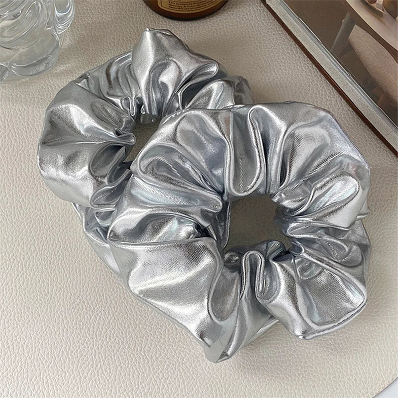 Silver Leather Large Intestine Hair Band Y2k Punk Personality Scrunchies Headwear High Ponytail Hair Band Hair Accessories New