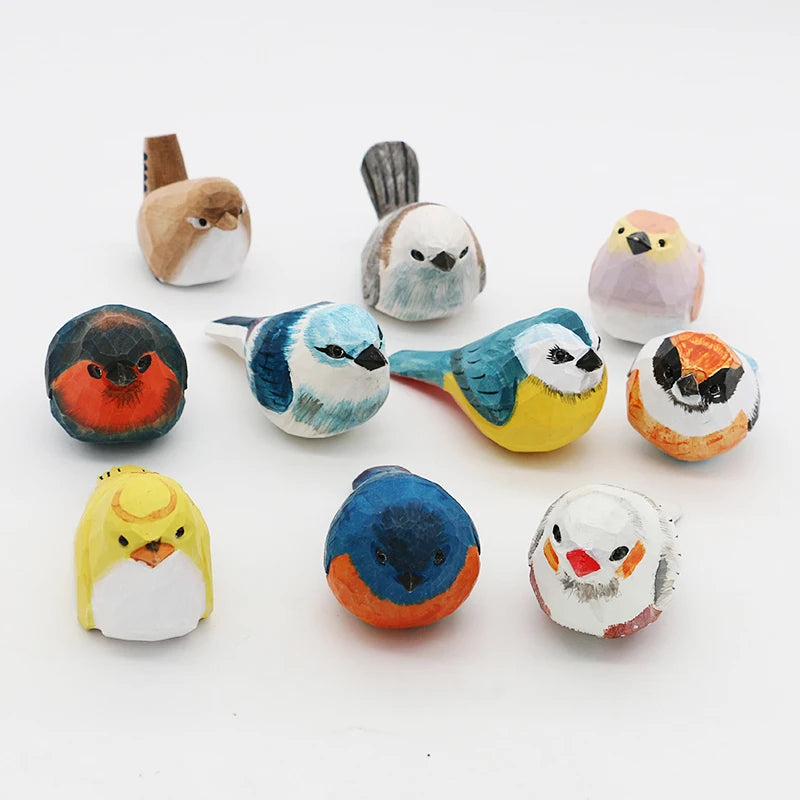 Cute Wooden Bird Figurine Ornaments Painted Hand Carved Wood Birds Statue Carving Animals Miniature Crafts Table Decorate Gifts