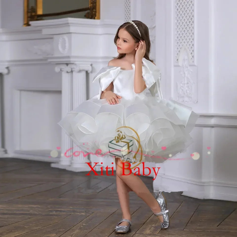 Big Bow Flower Girl Dress with Cape Princess Ball Gown Baby Girl Birthday Party Dresses Glitter First Communion Dress