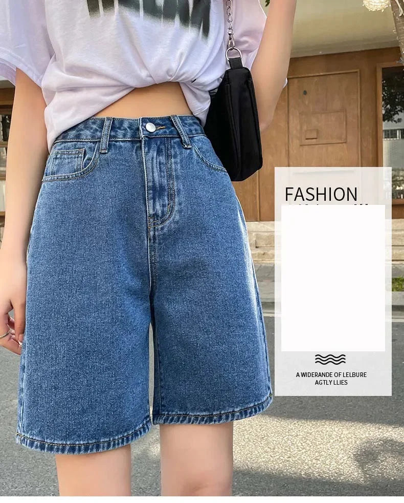 Korean Style Classic Denim Shorts Women Summer Blue High Waisted Shorts Wide Leg Pants Streetwear Stright Jeans Womens Shorts
