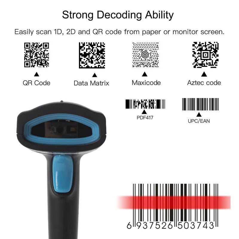 1D/2D Barcode Scanner Wired/Wireless/Bluetooth QR Code Reader for Pos System,PDF417 Desktop Scanner for Warehouse Inventory Shop