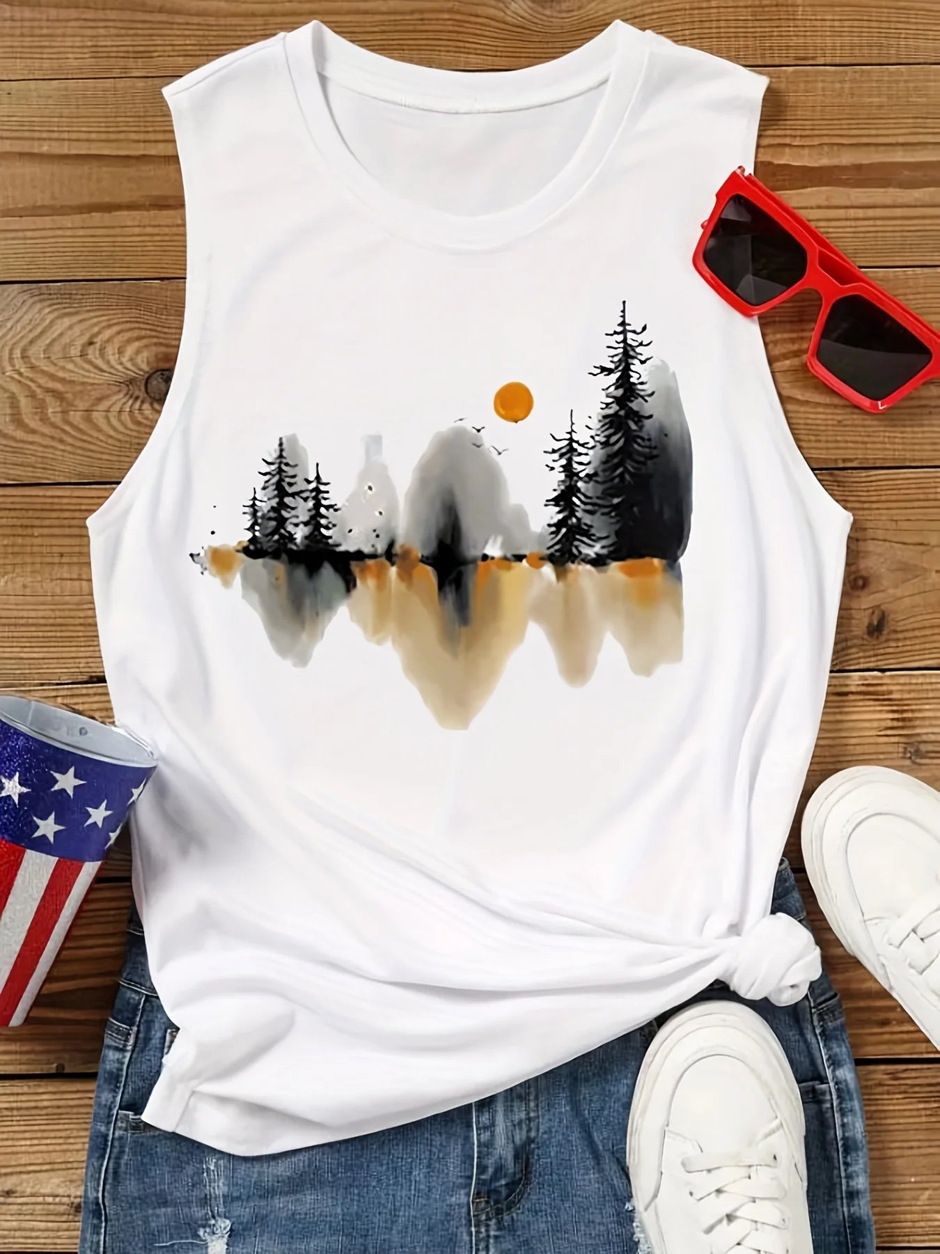 Women's Summer Casual Loose Size Landscape Ink Painting Print Round Neck Sleeveless Tank Top T-shirt