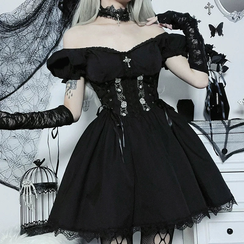 Mall Gothic Emo Jacquard A-line Dresses Goth dress Elegant Grunge Ruched Bandage Partywear Punk Black Women Halloween Club Dress
