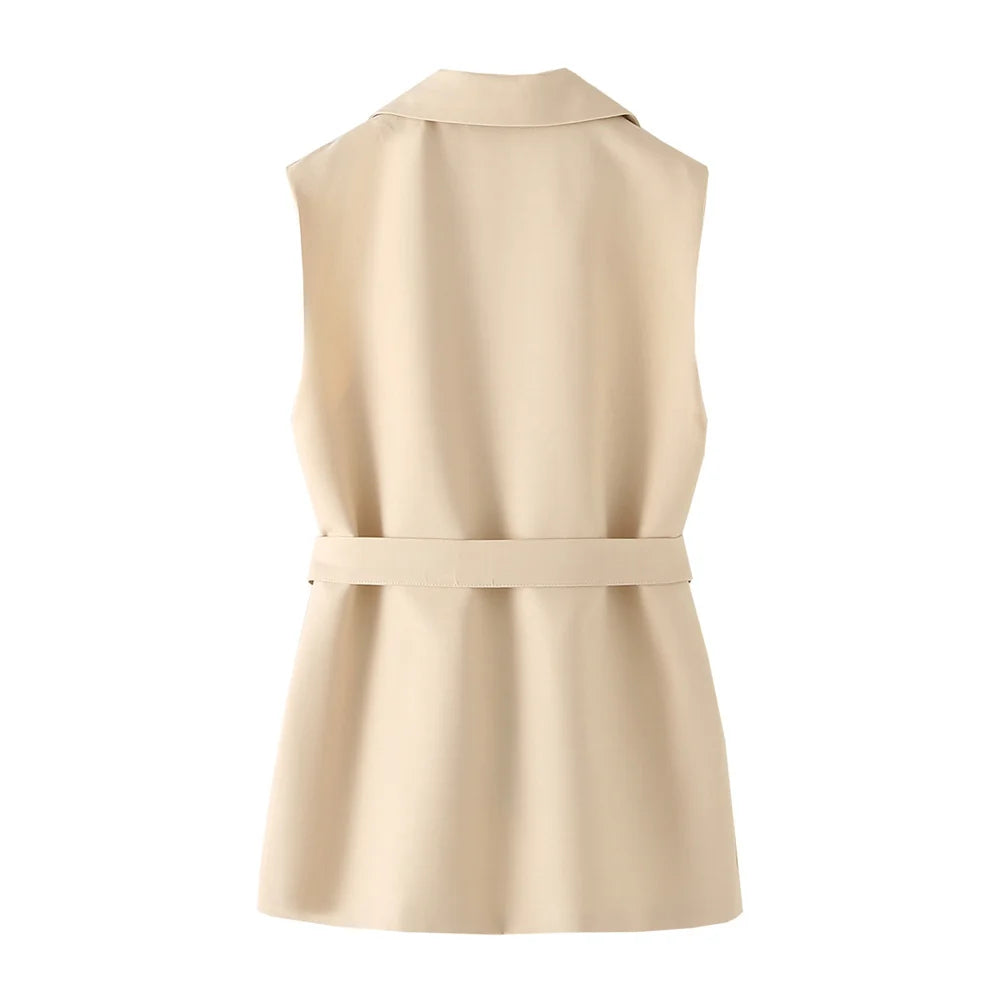 2024ZAR * Spring/Summer New Women's Fashion Solid Color Sleeveless Pants Set with Belt Decoration Vest