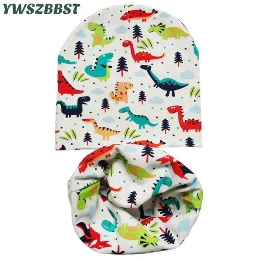New Winter Children Scarf Hat Sets Cartoon Dinosaur Baby Head Cover Spring Warm Neck Collar Kids Beanies Set Cotton Children Hat