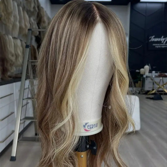 16 Inch Ombre Brown Blonde Lace Front Wig High Quality Synthetic Lace Front Wig Cosplay Daily Party Use Ready to Wear Wave Bob
