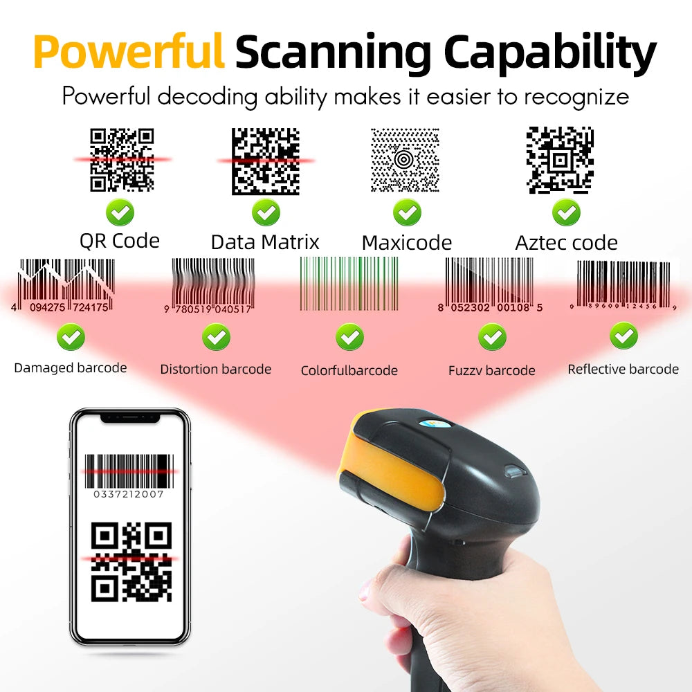Barcode Scanner 1680SW Wireless/1922 Bluetooth Reader Image QR PDF417 Data Matrix Code Bar Gun RS232 Bluetooth