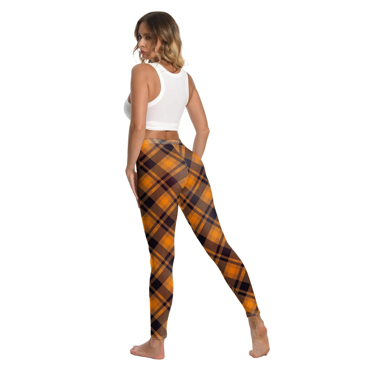 Zawaland Women Pants Yellow Tartan 3D Printing Leggings Halloween Stripe Trousers Female Elastic Tights Mid Waist Long Pants