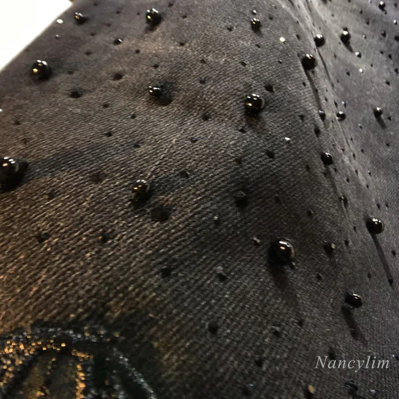 European Black Lace Denim Pants, 2025 Summer New Heavy Industry Beads Hot Diamond Denim Splicing Crochet Hollow Lace Jeans Women