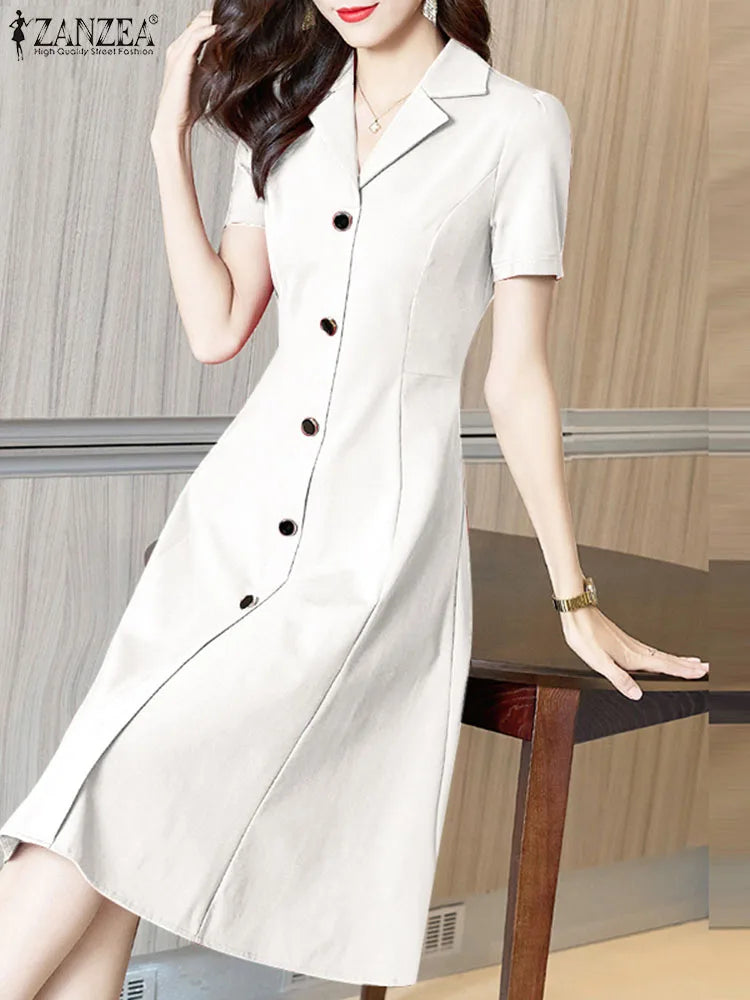 ZANZEA Women Elegant Long Shirt Dress Korean Lapel Collar Party Dress 2024 Summer Waisted Robe Casual Short Sleeve Work Sundress