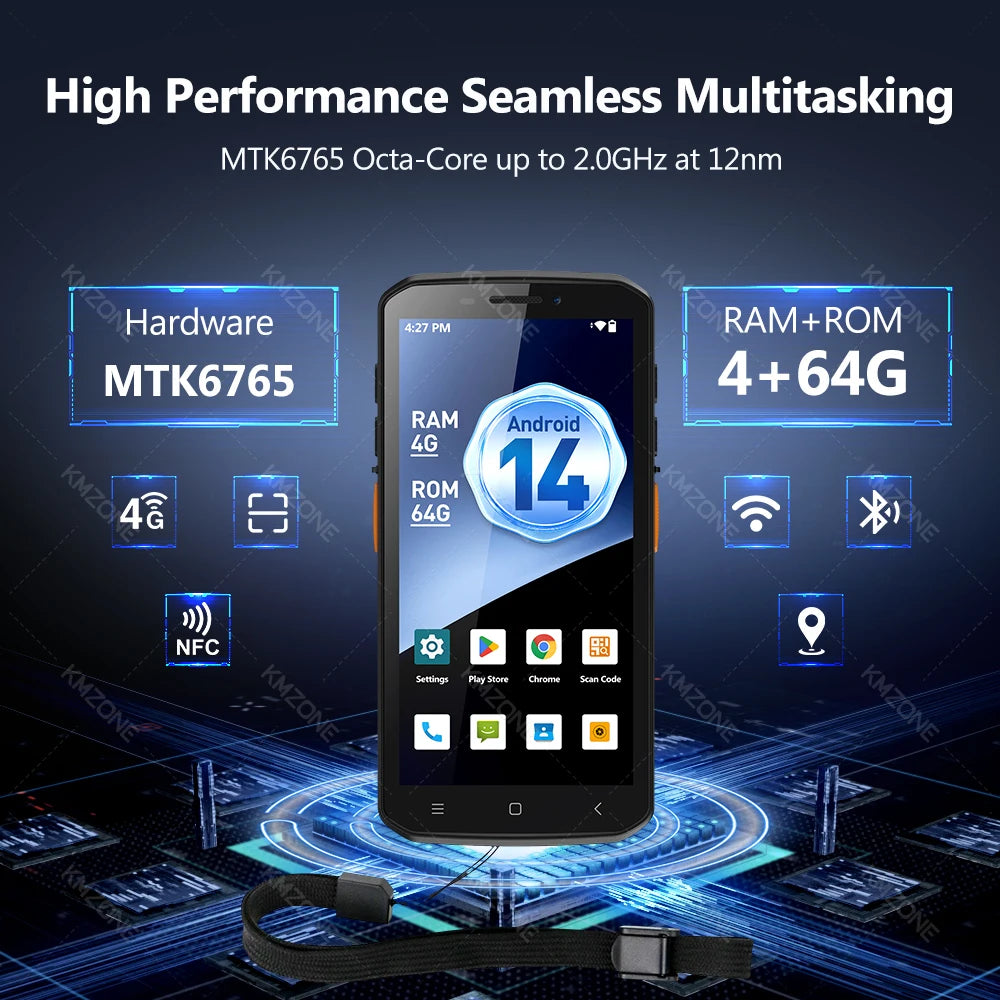 MTK6765 PDA Terminal Android 14 with NFC 4G64G Wifi GPS 1D 2D QR Barcode Scanner Reader Data Collector Mobile Warehouse device