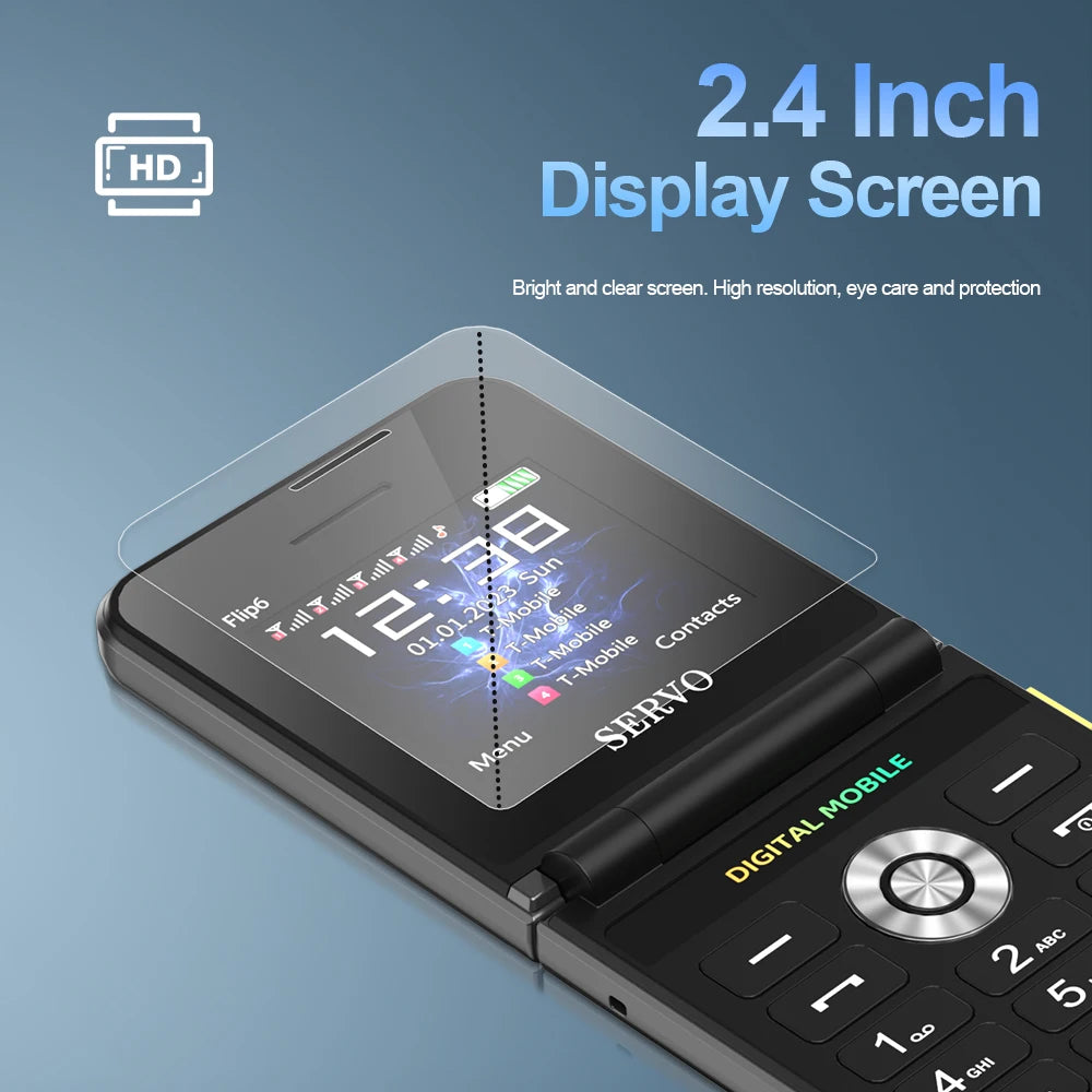 SERVO Flip6 GSM Fold Mobile Phone 4 SIM Card 2.4'' Screen Auto Call Record Button Torch Speed Dial Magic Voice Popular Cellphone