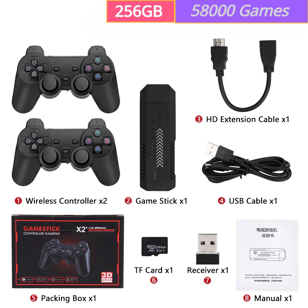 256G 58,000 Games GD10 Plus Game Stick 4K HD Video Game Console 2.4G Double Wireless Controller Game Stick For N64/PSP/PS1/GBA