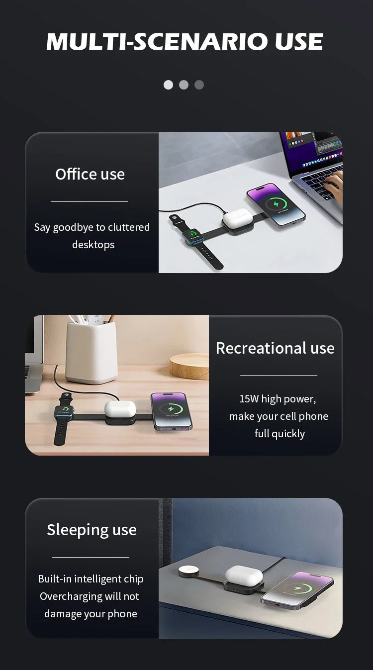 3-in-1 Travel Wireless Charger Foldable Magnetic for IPhone 15 14 13 12 Pro Max,for Apple Watch and AirPods Fast Shipping