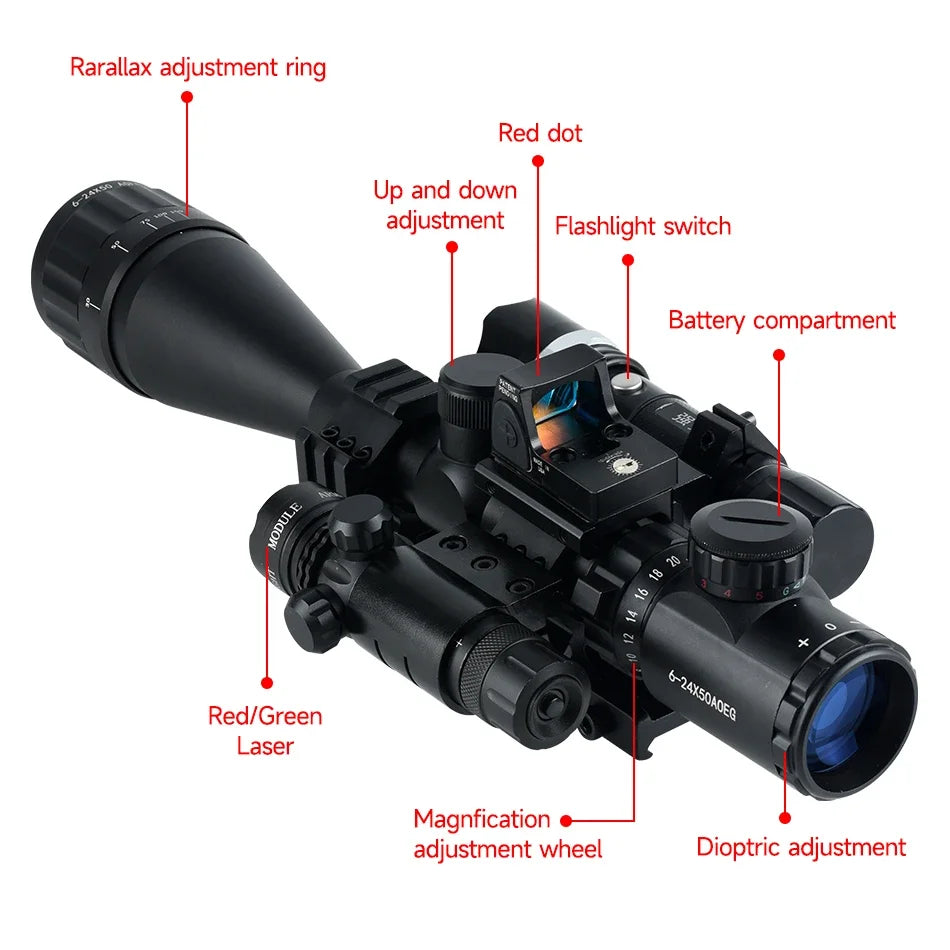Tactical 6-24x50 AOEG Optical Sight Long Range Rifle Scope with Red Green Dot Laser Combo Riflescope Hunting Airsoft Scopes