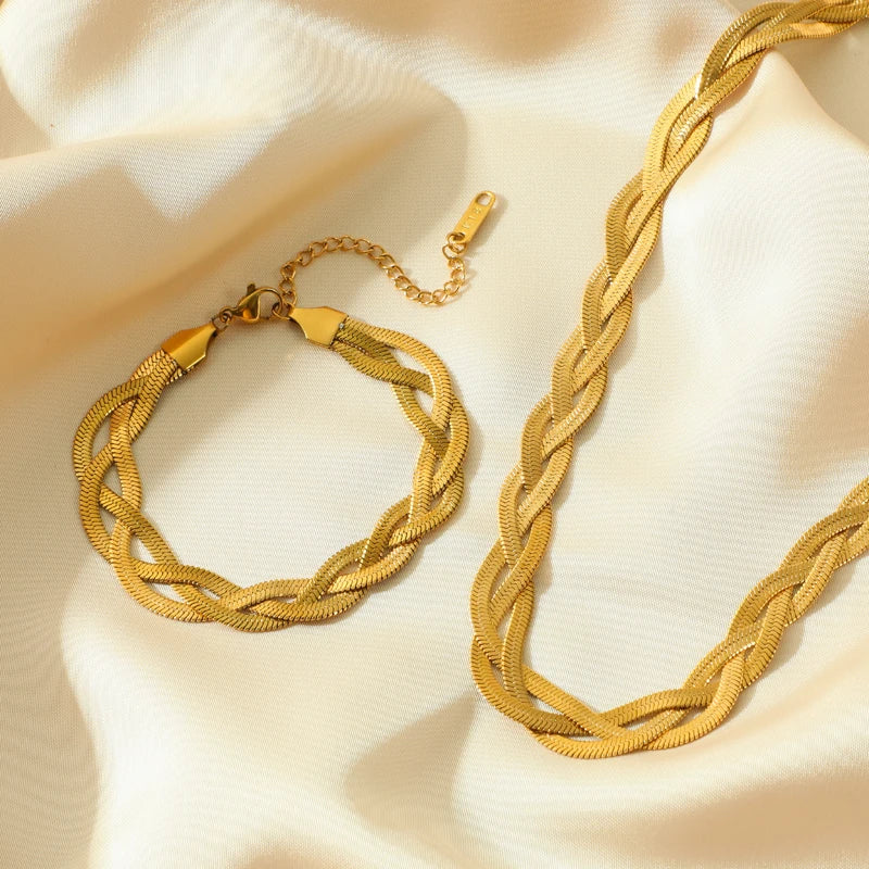 EILIECK 316L Stainless Steel Gold Color 3 Chains Crossing Necklace Bracelet for Women Fashion Waterproof Chain Jewelry Set Gift