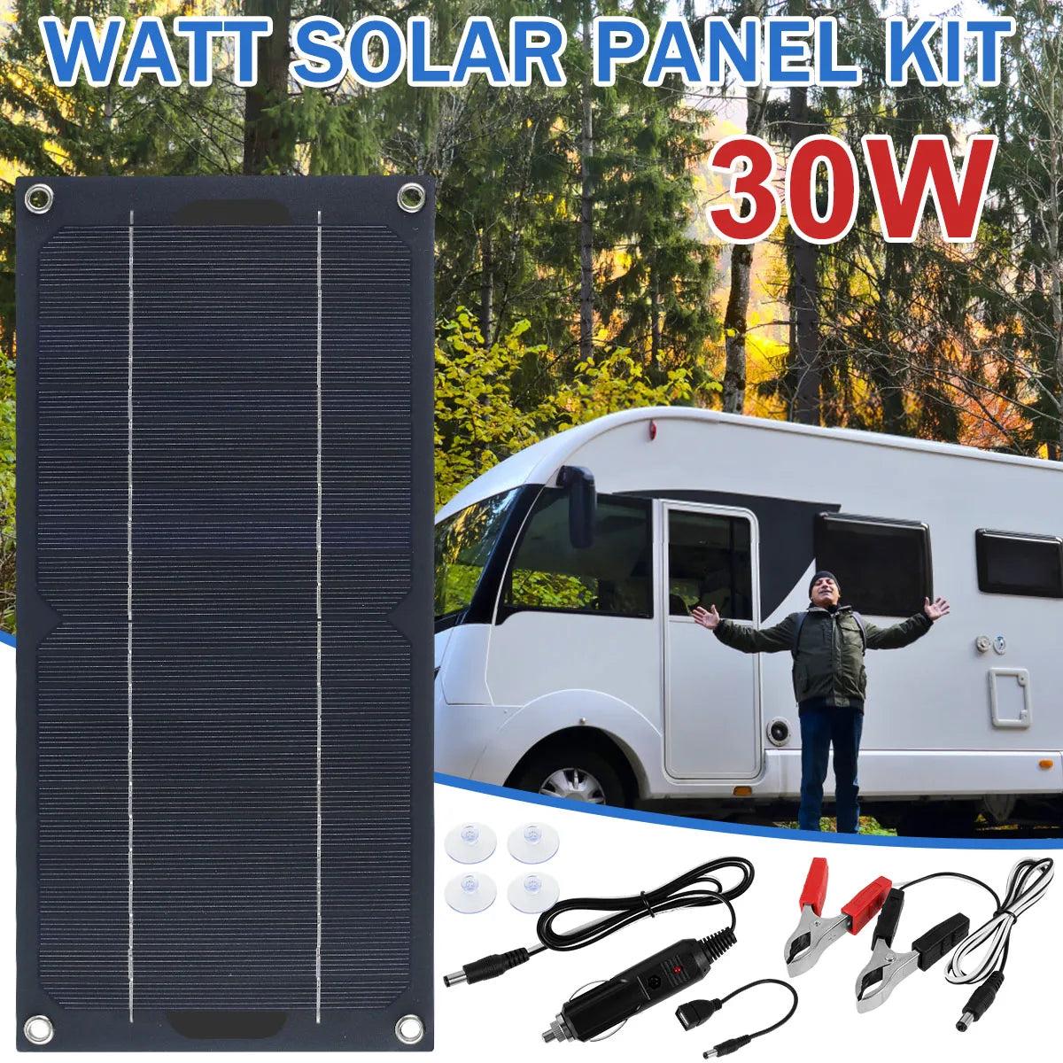 Solar Panel Kit 12V 30W IP65 Waterproof Solar Trickle Charger Portable Monocrystalline Solar Powered Battery Charger with