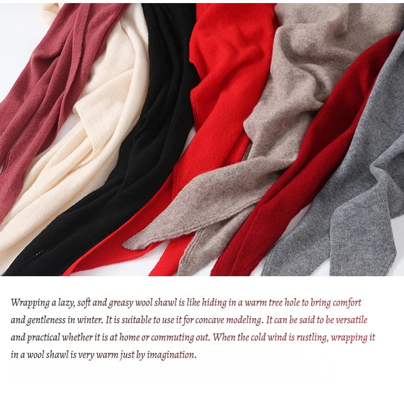 2024 Trend Large Triangle Shawl Scarf 100% Wool Women Knitted Accessories Cape Casual Soft Warm Cappa Cozy Black Gray Red