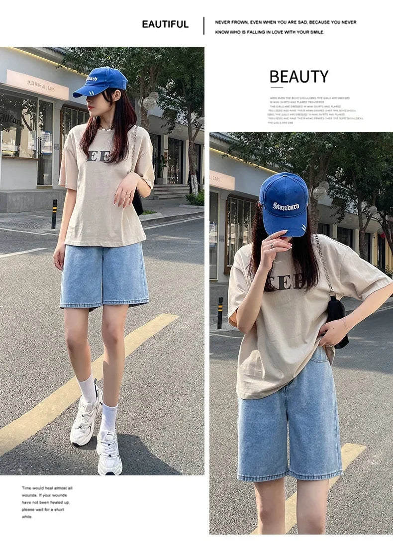 Korean Style Classic Denim Shorts Women Summer Blue High Waisted Shorts Wide Leg Pants Streetwear Stright Jeans Womens Shorts