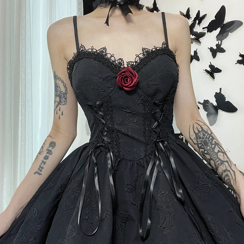 Mall Gothic Emo Jacquard A-line Dresses Goth dress Elegant Grunge Ruched Bandage Partywear Punk Black Women Halloween Club Dress