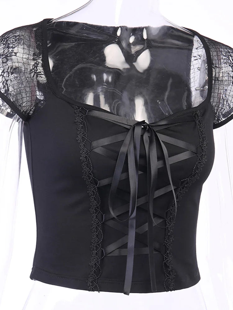 Vintage Tops Goth T-shirt Women Bodycon Bandage Lace Black T-shirts Gothic Streetwear Sexy Female Top Casual Mesh Tee