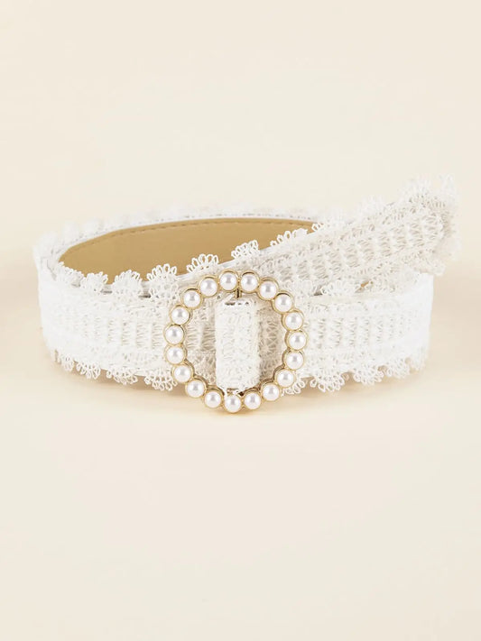 Women's White Elegant Pearl Metal Buckle Lace PU Leather Casual Belt Jeans Versatile Decorative Belt