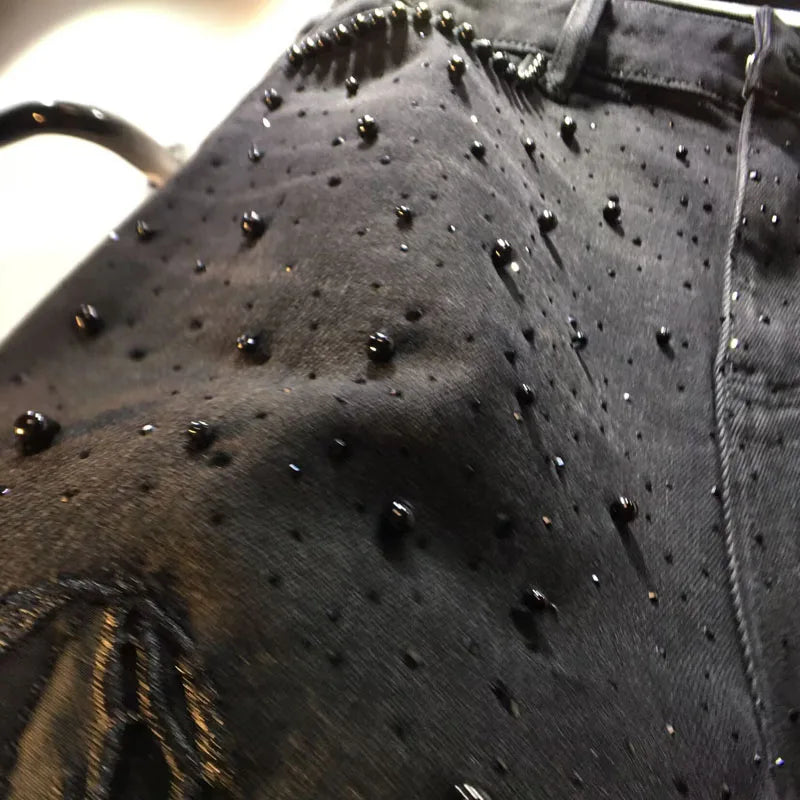 European Black Lace Denim Pants, 2025 Summer New Heavy Industry Beads Hot Diamond Denim Splicing Crochet Hollow Lace Jeans Women