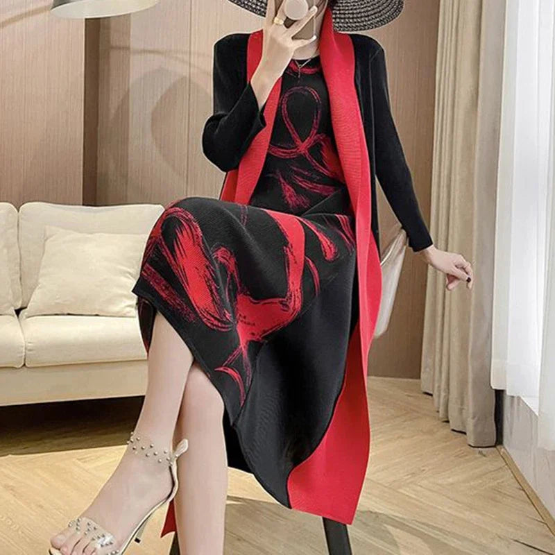 Folded Fake Two Piece Dress 2025 Spring Large Sleeves Round Neck Printed Mom's Dress  Y2k Dress