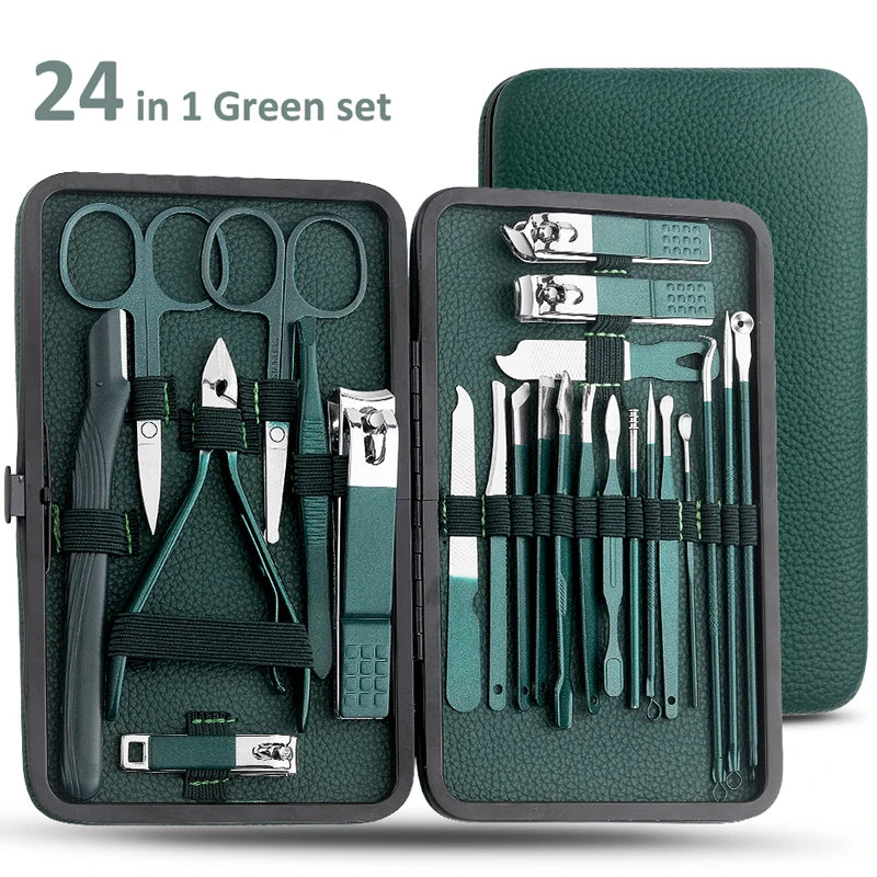 Green 7/13/24 pcs Stainless Steel Nail Cutter and Pedicure Scissors Set - Portable Manicure and Pedicure Tool Nail Clipper Set