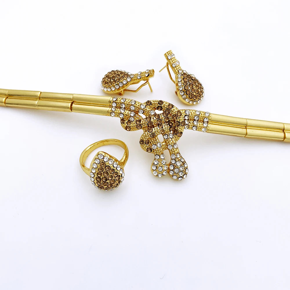 Dubai Gold Color Women Jewelry Sets Classic Design Necklace Earrings Charm Bracelet Ring  Banquet Party Jewelry 18K Gold Plated