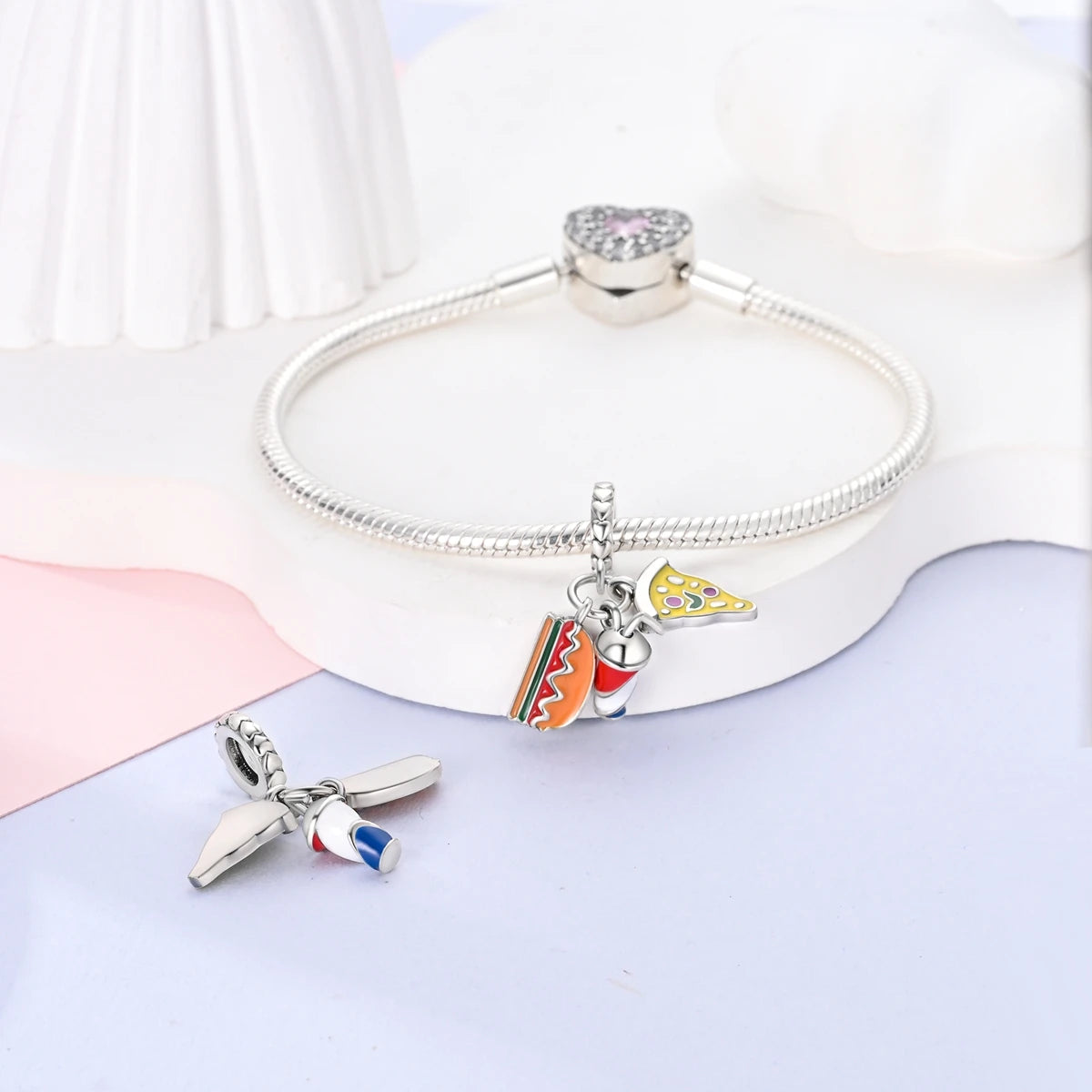 925 Silver Plated Firefly Pizza Cake Charms Fit Original Pandora Bracelet Making Fashion Jewelry