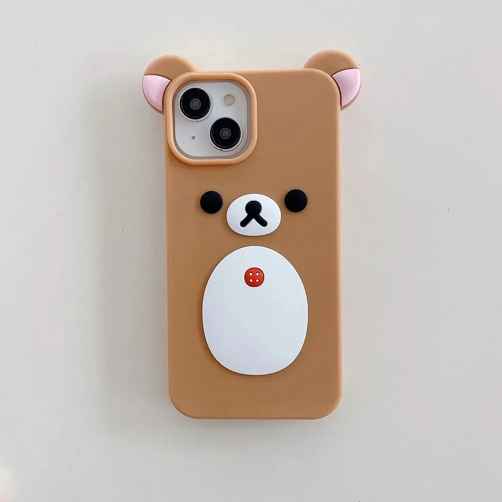 Fashion Cute 3D Cartoon Rilakkuma Bear Soft Silicone Phone Case Back Cover for iPhone 11 12 13 14 15 16 Pro Max